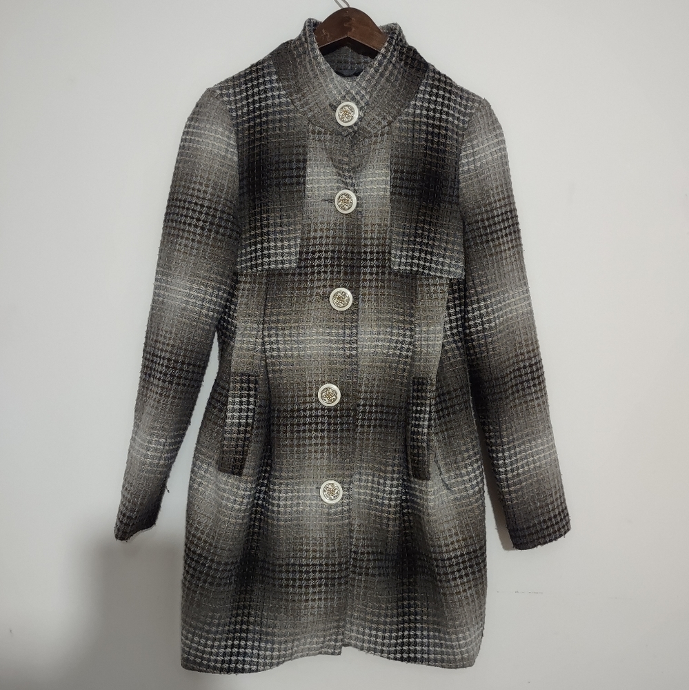 Costa Blanca Coat Jacket 4 Button Gray White Black Blend Pocket Med Length Pleat